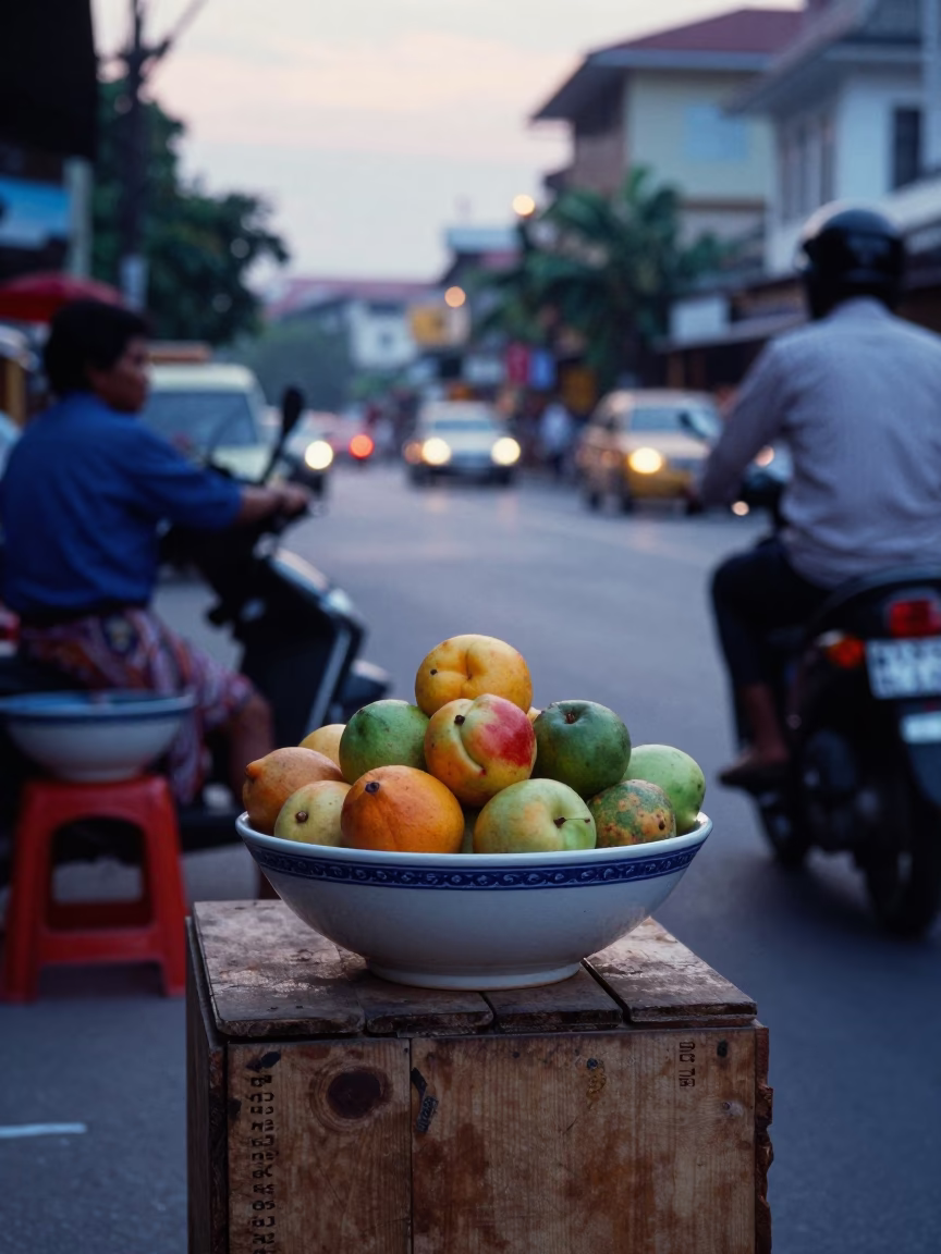 Colorful 1980s Phnom Penh Street Scene with Ceramic Bowl and Frangipani Branch in in Phnom Penh, Cambodia