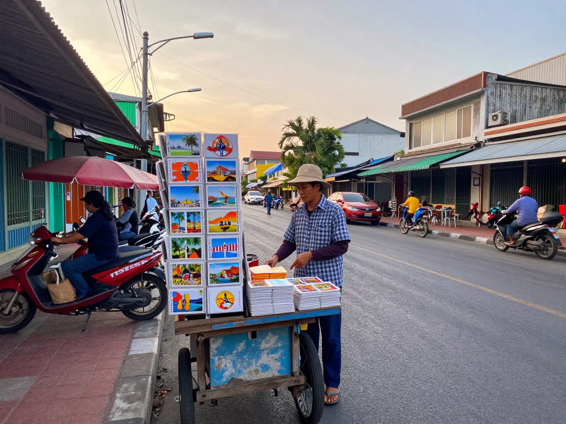 Colorful 1980s Phuket Street Scene with Local Vendor and Postcards at Sunrise in in Phuket, Thailand