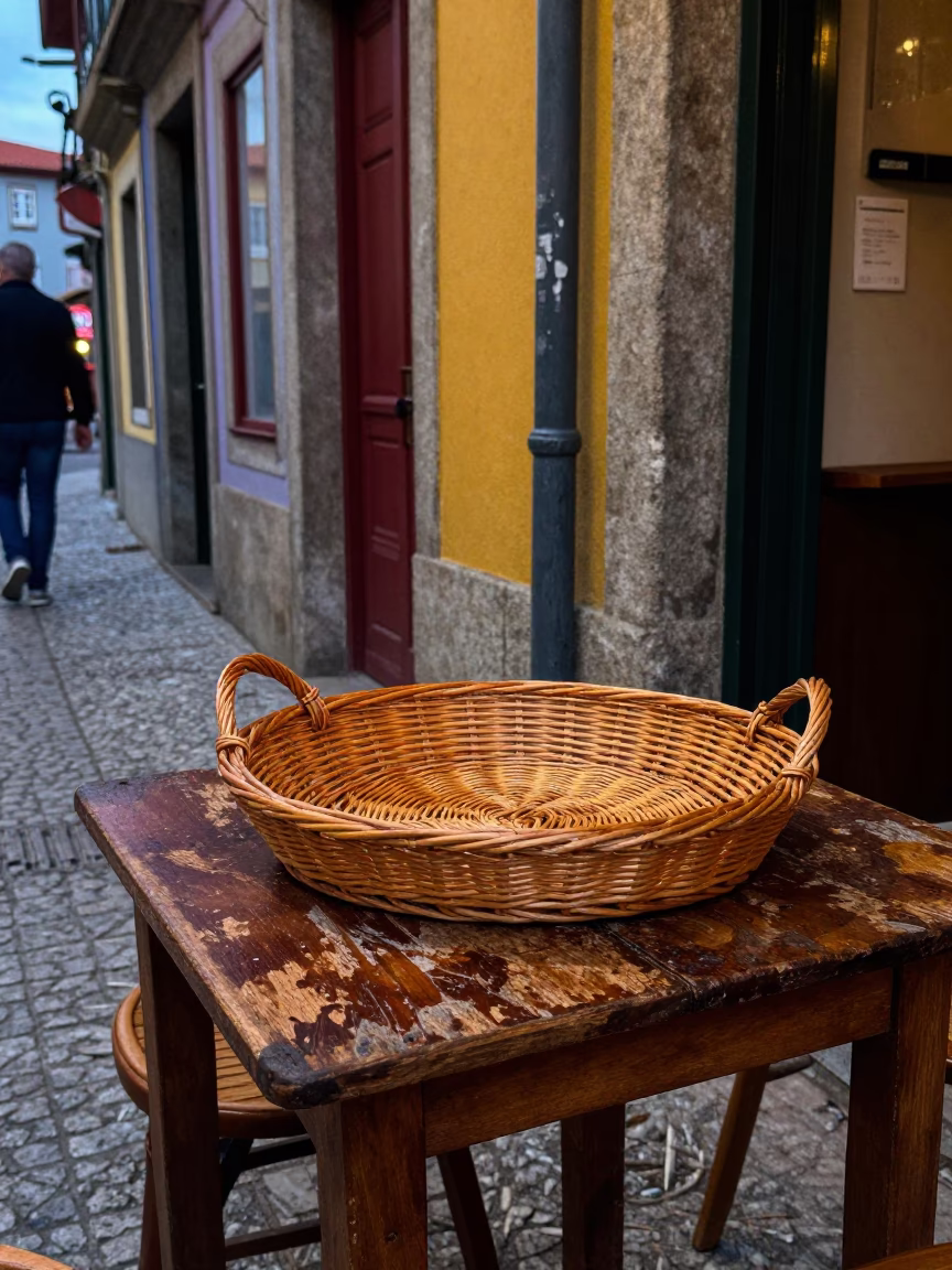Colorful 1980s Porto Street Scene with Wicker Basket Tray and Bar Soap on Table in in Porto, Portugal
