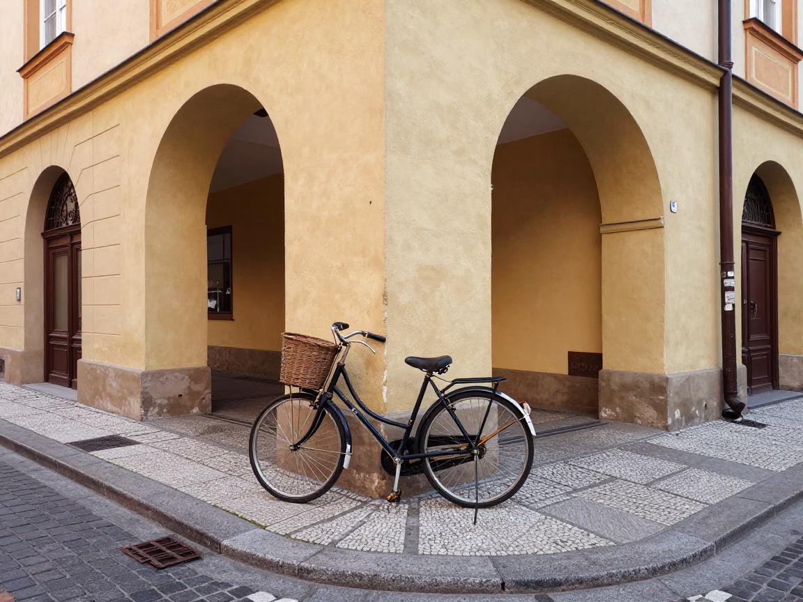 Colorful 1980s Prague Street Scene with Vintage Bicycle and Red Brick Architecture in in Prague, Czech Republic