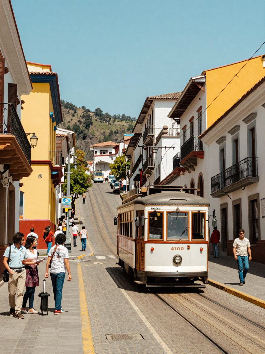 Colorful 1980s Quito Street Scene with Tram and Local Market Details in in Quito, Ecuador