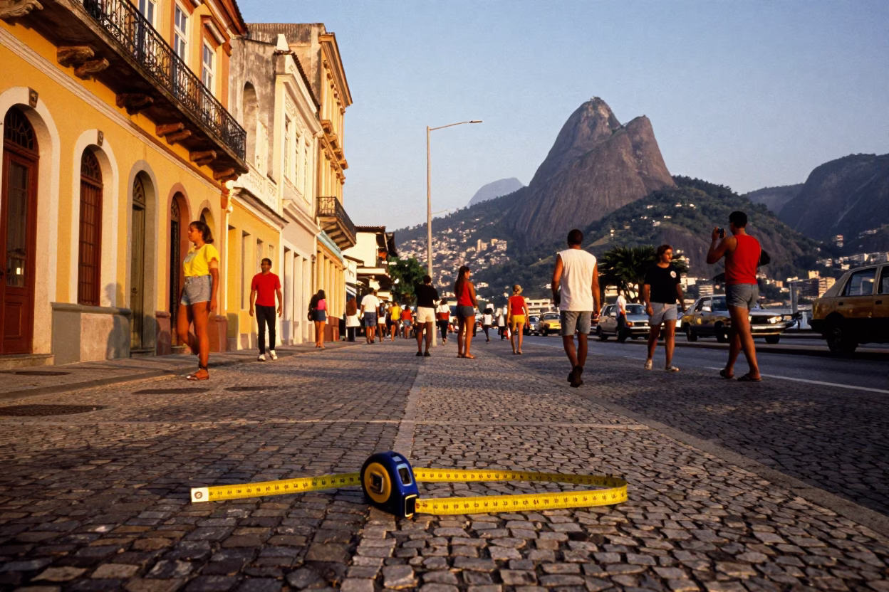 Colorful 1980s Rio de Janeiro Street Scene with Measuring Tapes and Local Interaction in in Rio de Janeiro, Brazil