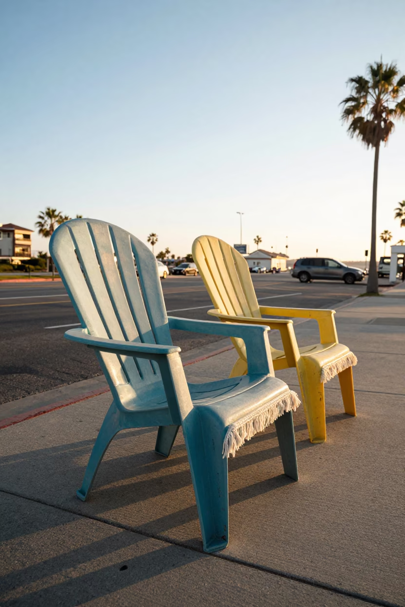 Colorful 1980s San Diego Golden Hour Deck Chairs and Linen Fringe at Sunset in in San Diego, California, United States