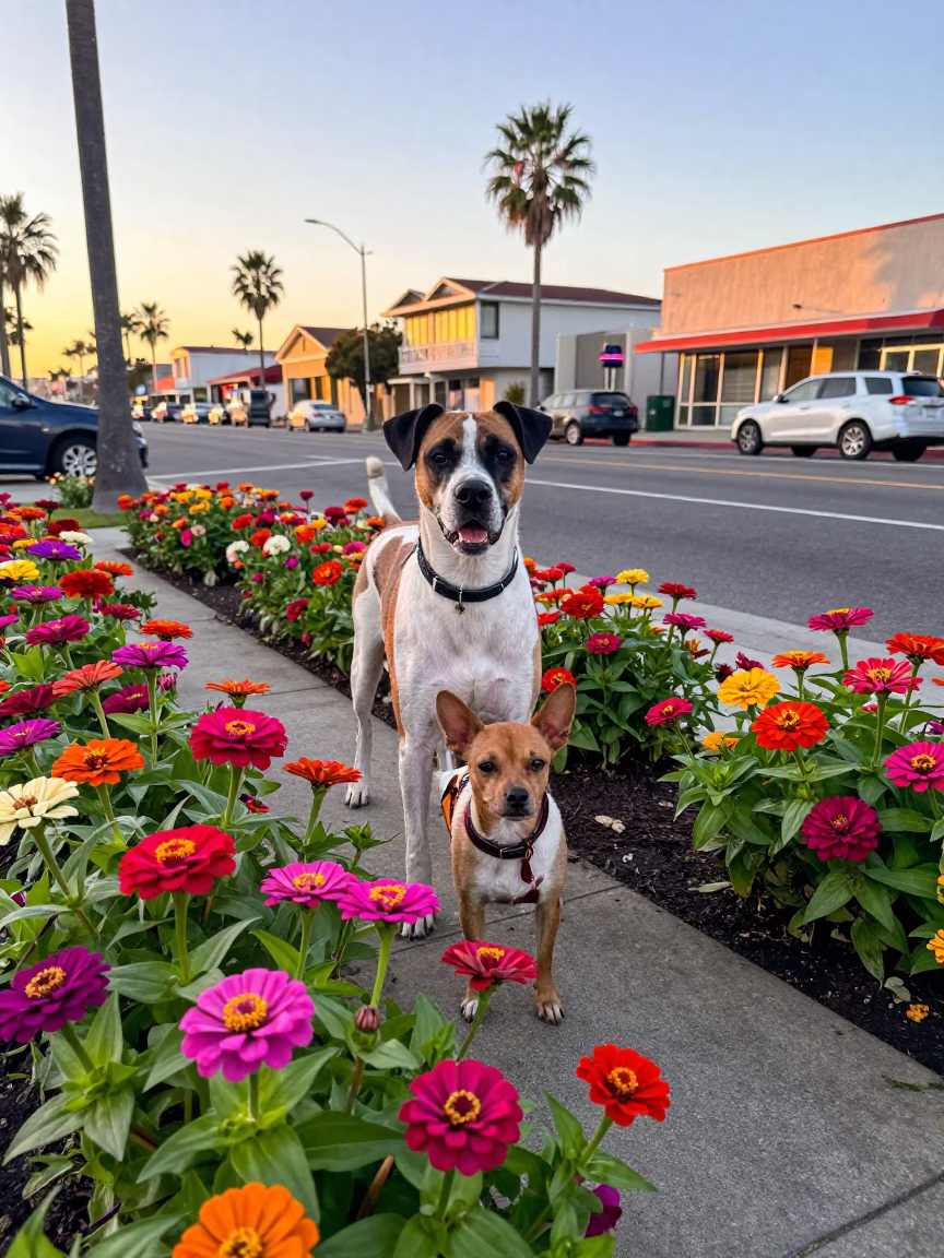 Colorful 1980s San Diego Morning Street Scene with Volpino Italiano and Zinnias in in San Diego, California, United States