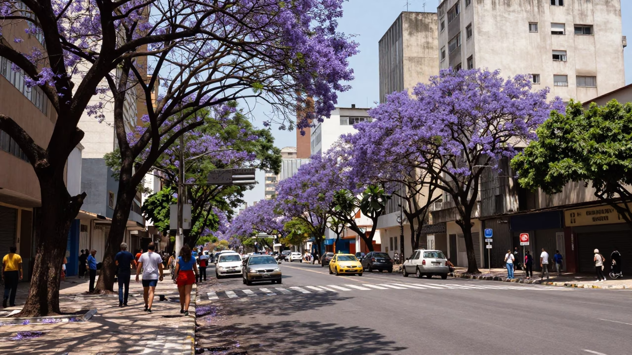 Colorful 1980s São Paulo Street Scene with Jacaranda Bloom and Urban Life in in São Paulo, Brazil