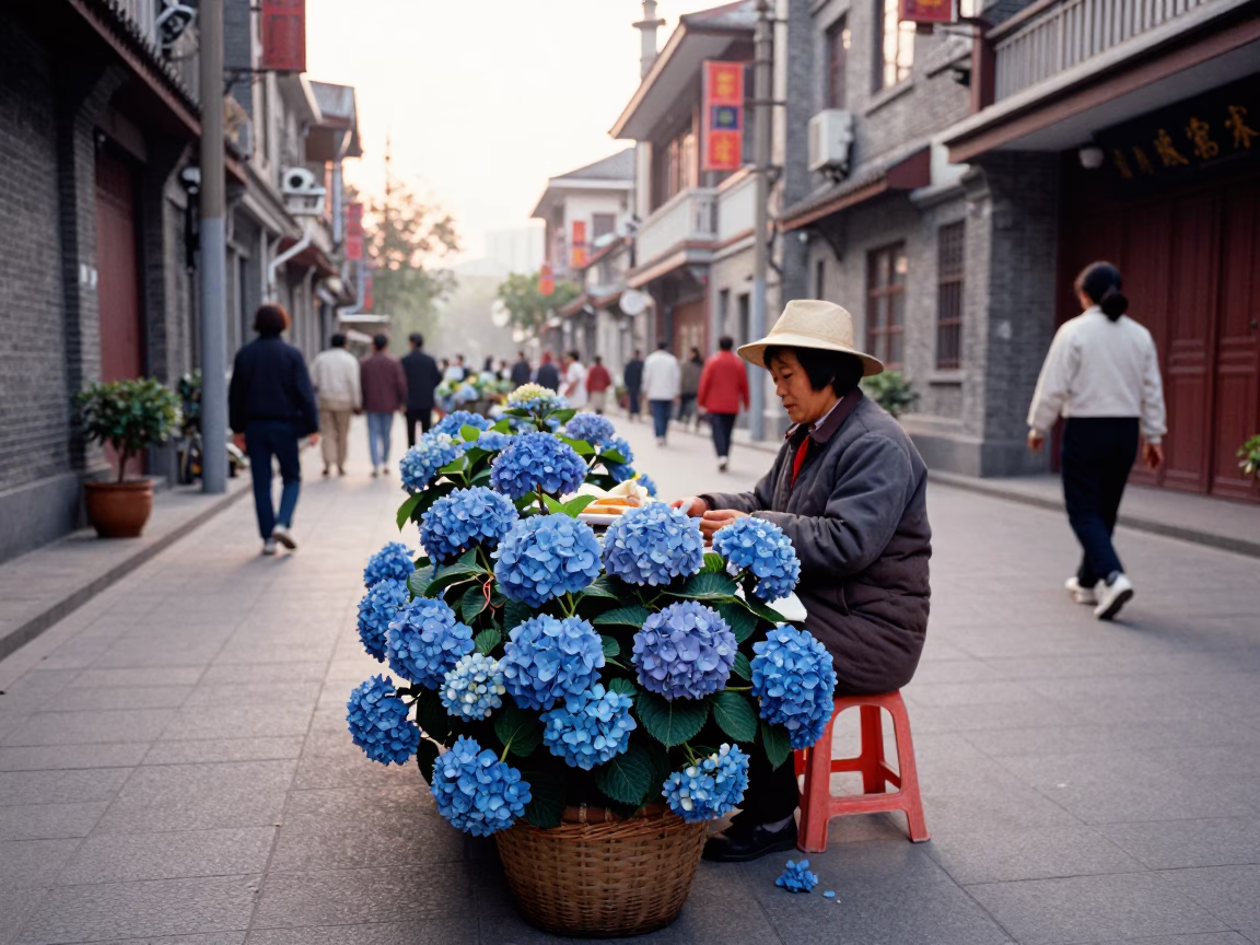 Colorful 1980s Shanghai Street Scene with Hydrangeas and Traditional Utensil Crocks in in Shanghai, China