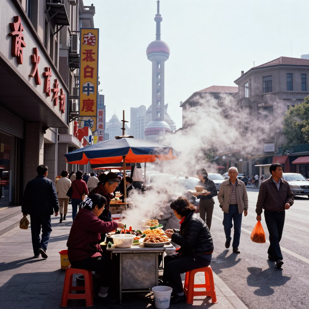 Colorful 1980s Shanghai Street Scene with Steam Haze and Local Commerce in in Shanghai, China