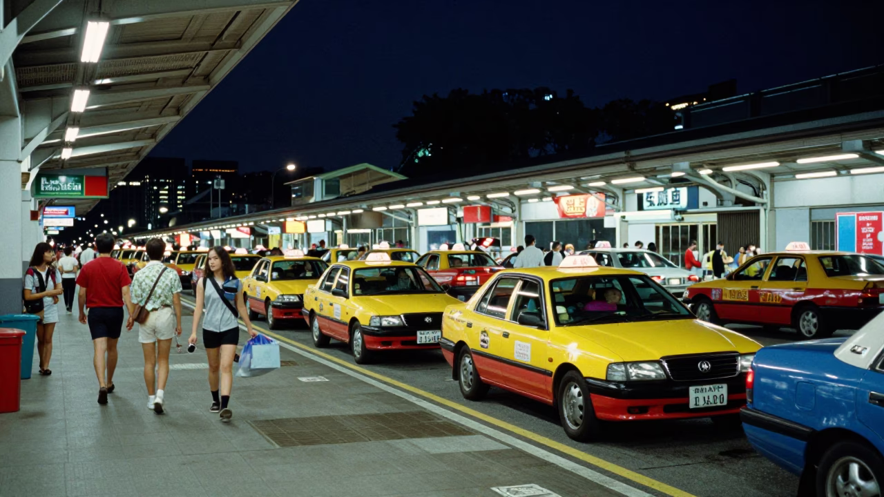 Colorful 1980s Singapore Night Market Scene with Taxi Rank and Traditional Elements in in Singapore, Singapore
