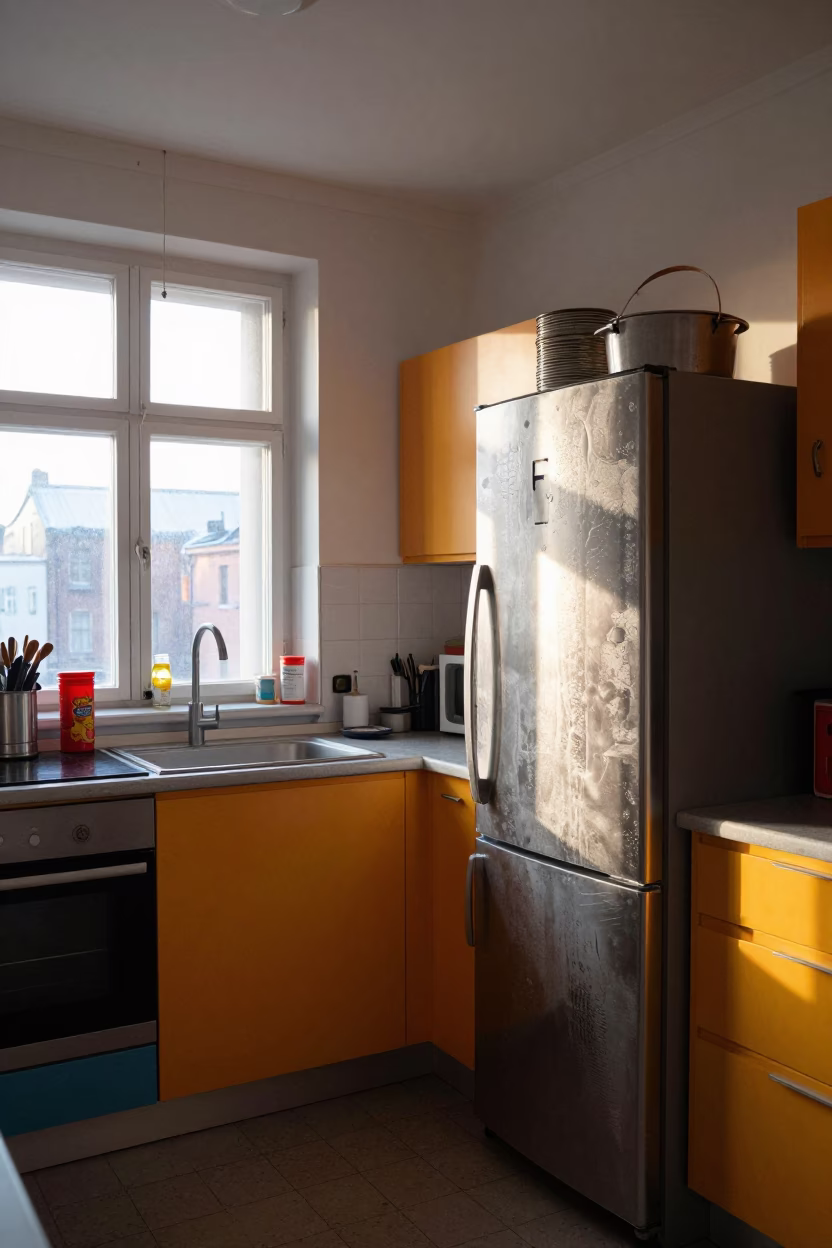 Colorful 1980s Stockholm Kitchen Scene with Condensation and Lived-In Details in in Stockholm, Sweden