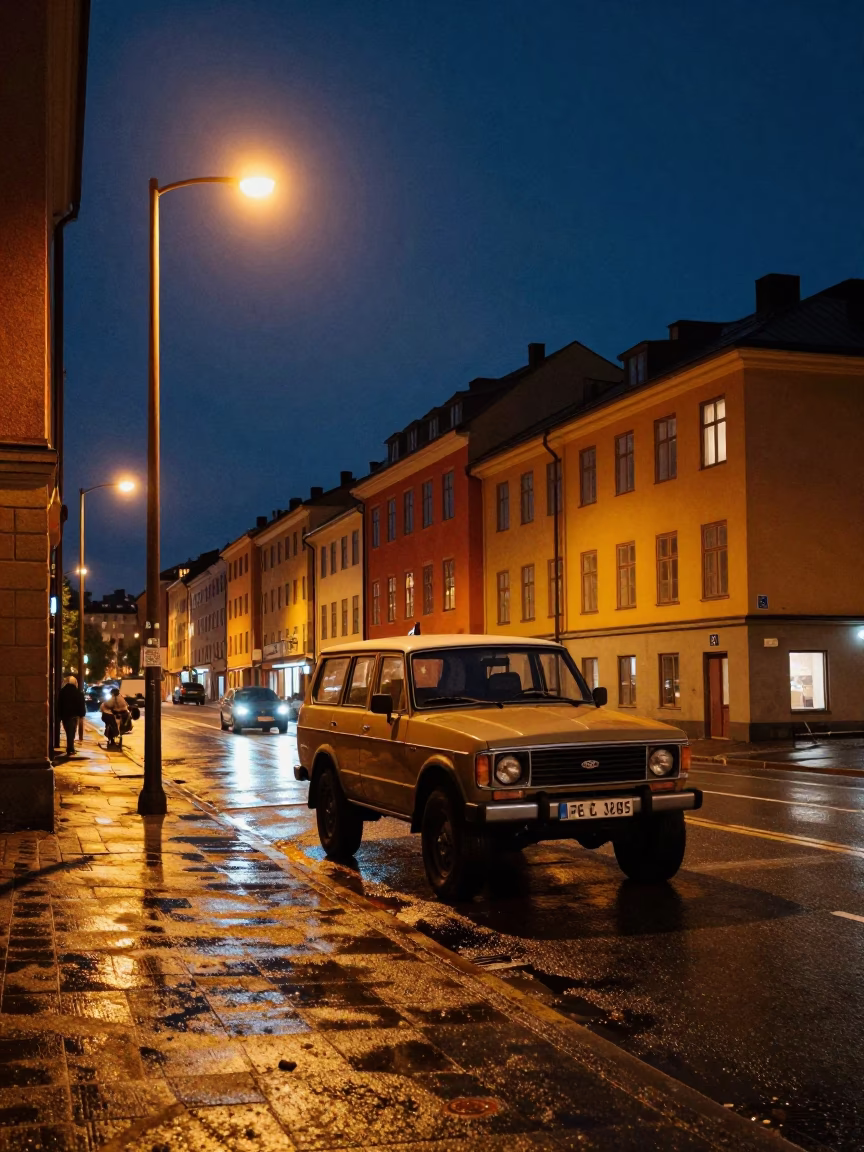 Colorful 1980s Stockholm Night Street Scene with Vintage SUV and Urban Life in in Stockholm, Sweden