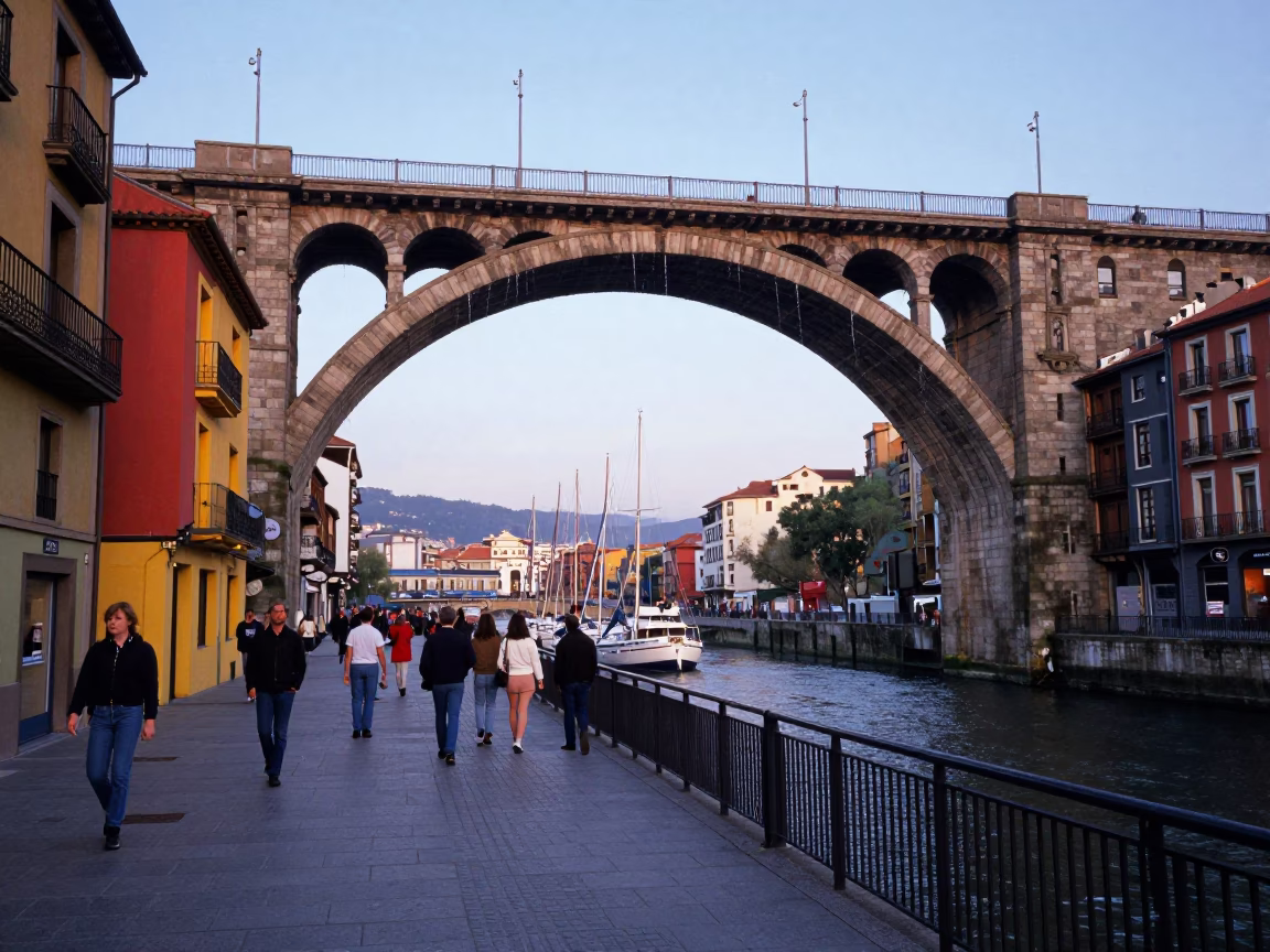 Colorful 1980s Street Scene in Bilbao Spain Nautical Dawn Viaduct Arch Undercroft in in Bilbao, Spain