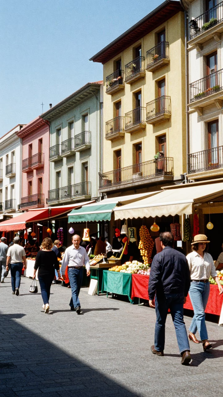 Colorful 1980s Street Scene in Bilbao Spain with Local Market Activity in in Bilbao, Spain