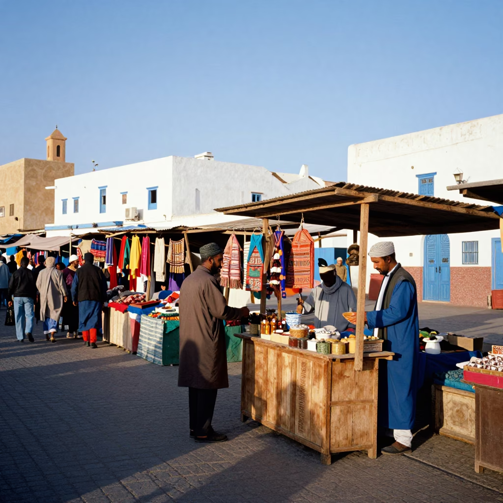 Colorful 1980s Street Scene in Essaouira Morocco with Local Market Interaction in in Essaouira, Morocco
