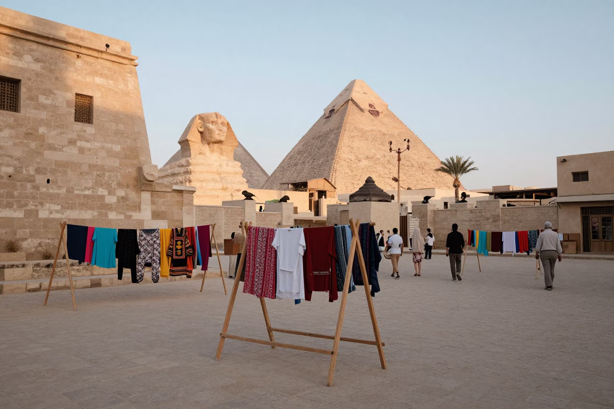 Colorful 1980s Street Scene in Luxor Egypt with Drying Rack and Sunlit Sandstone Architecture in in Luxor, Egypt