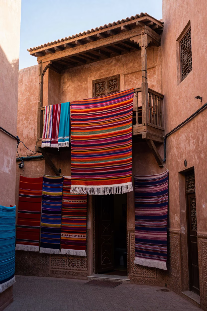 Colorful 1980s Street Scene in Marrakech Morocco First Light with Hanging Textiles in in Marrakech, Morocco