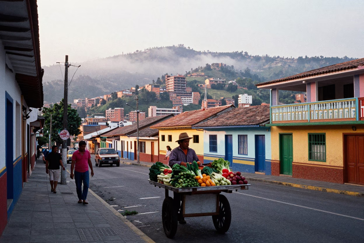 Colorful 1980s Street Scene in Medellin Colombia at Nautical Dawn in in Medellin, Colombia