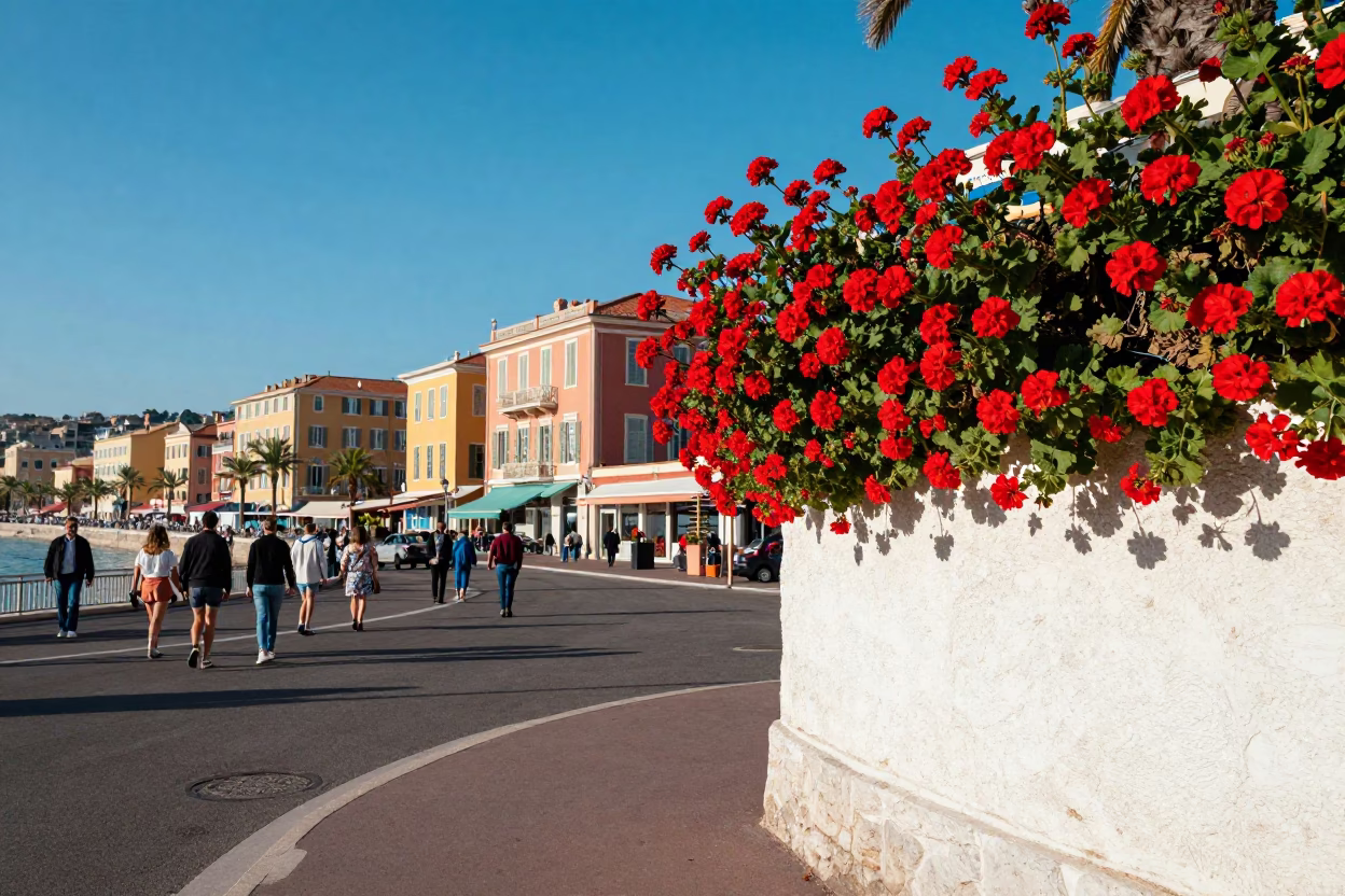 Colorful 1980s Street Scene in Nice France with Geraniums and Local Life in in Nice, France