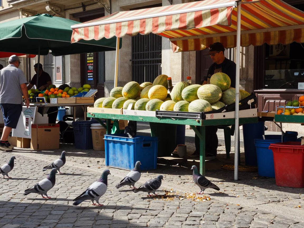 Colorful 1980s Street Scene in Nice France with Pigeons and Market Melons in in Nice, France