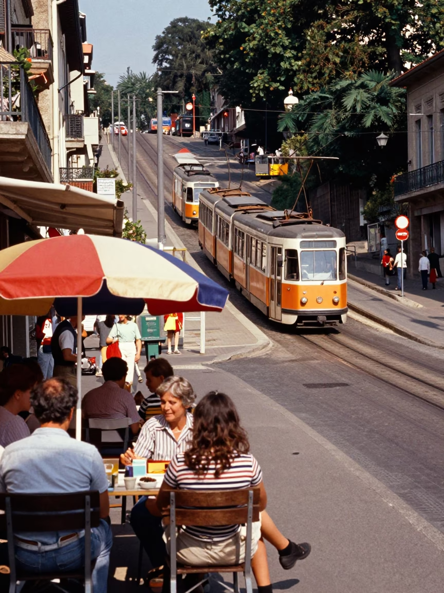Colorful 1980s Street Scene in Nice France with Tram and Umbrella Stand in in Nice, France