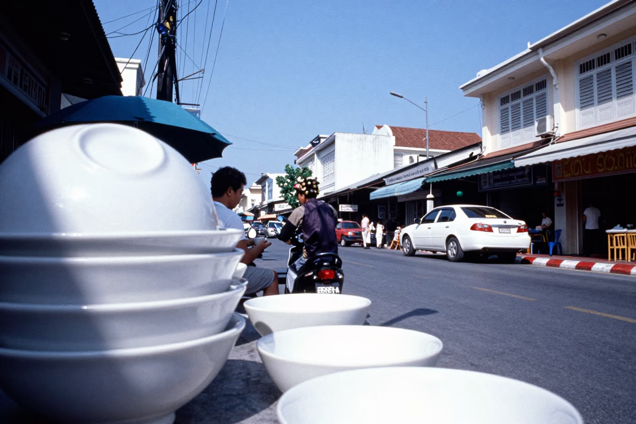 Colorful 1980s Street Scene in Phuket Thailand with Blue and White Porcelain in in Phuket, Thailand