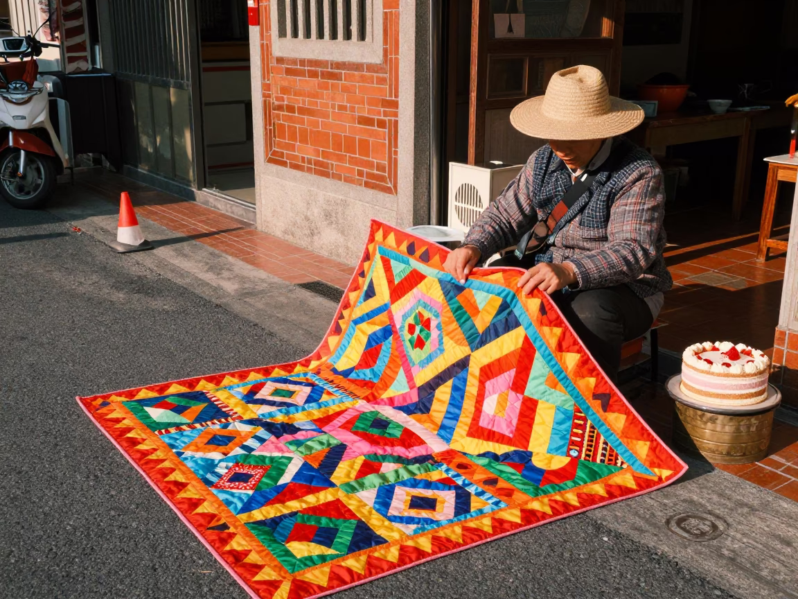 Colorful 1980s Tainan Street Scene with Quilt and Cake Knife in in Tainan, Taiwan