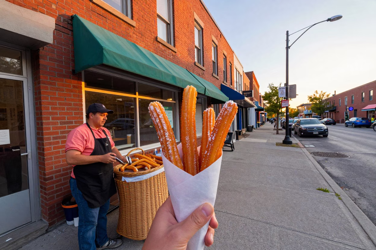 Colorful 1980s Toronto Street Scene with Churros and Wicker Basket After Sunrise in in Toronto, Ontario, Canada