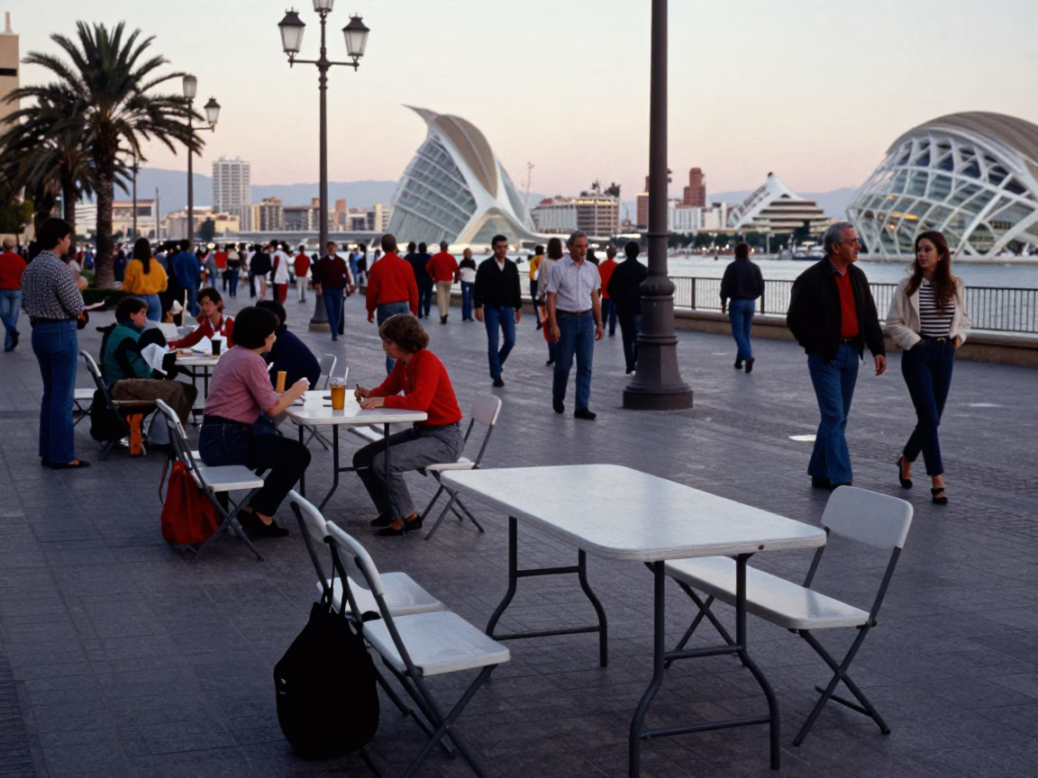 Colorful 1980s Valencia Street Scene with Folding Tables and Folk Dance at Nautical Dawn in in Valencia, Spain