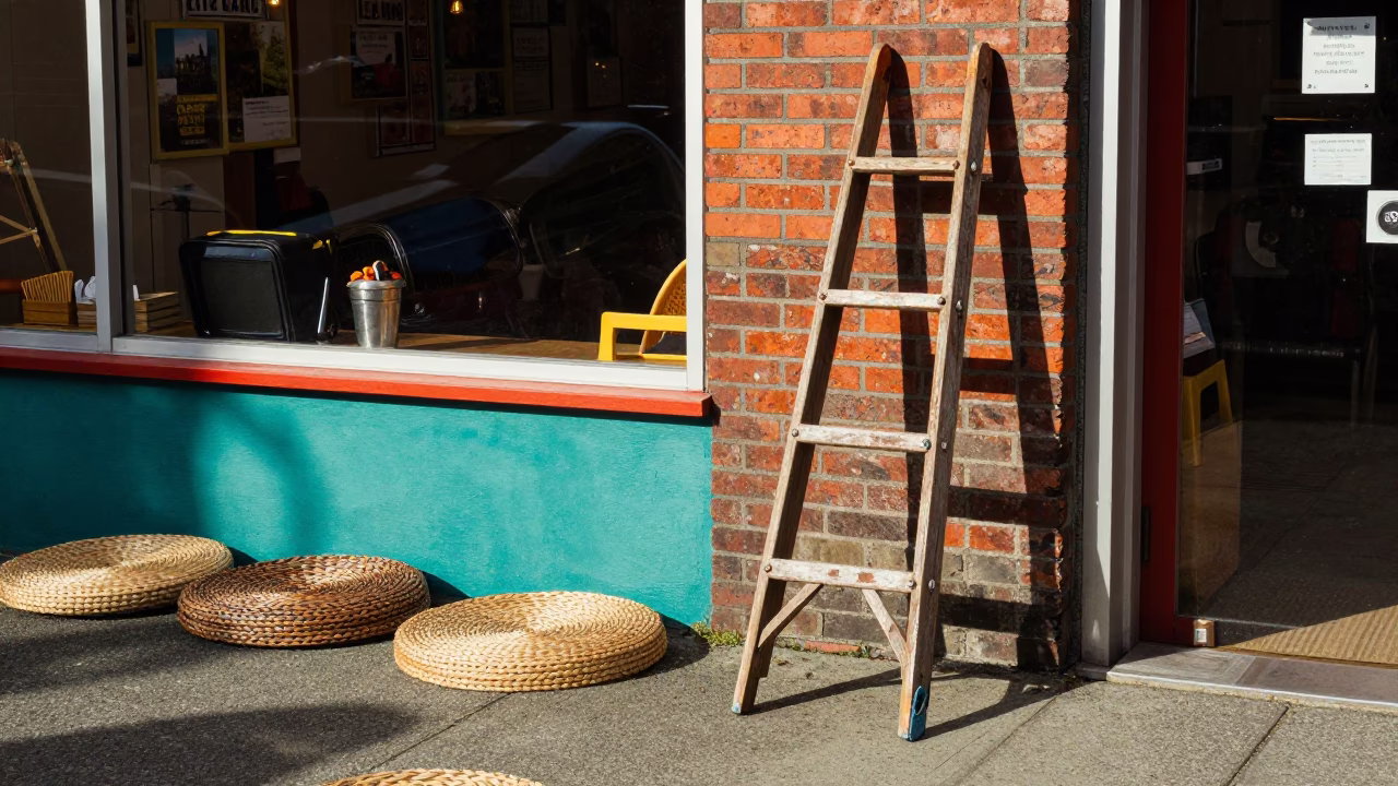 Colorful 1980s Vancouver Street Scene with Woven Mats and Wooden Ladder in in Vancouver, British Columbia, Canada