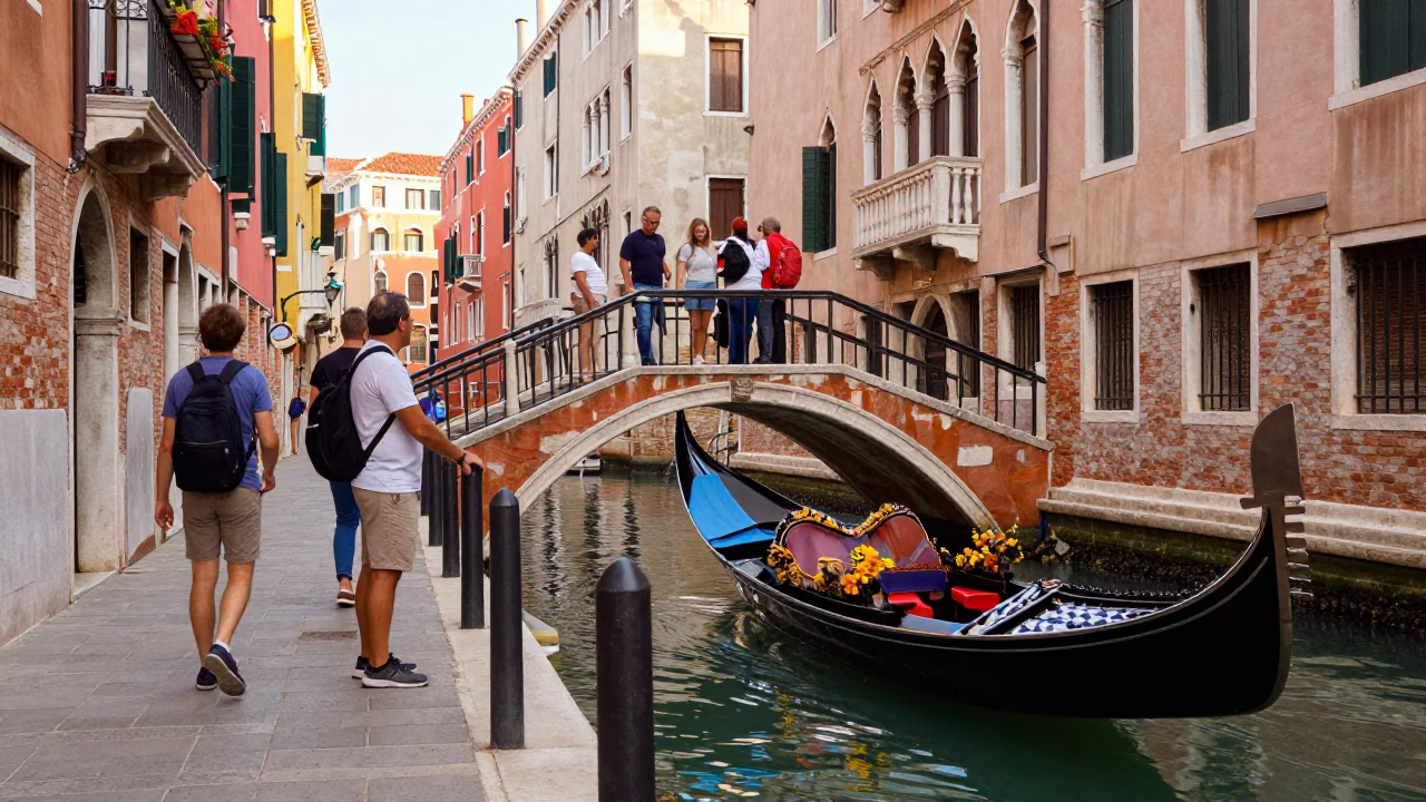 Colorful 1980s Venice Street Scene with Gondola and Tourists in in Venice, Italy