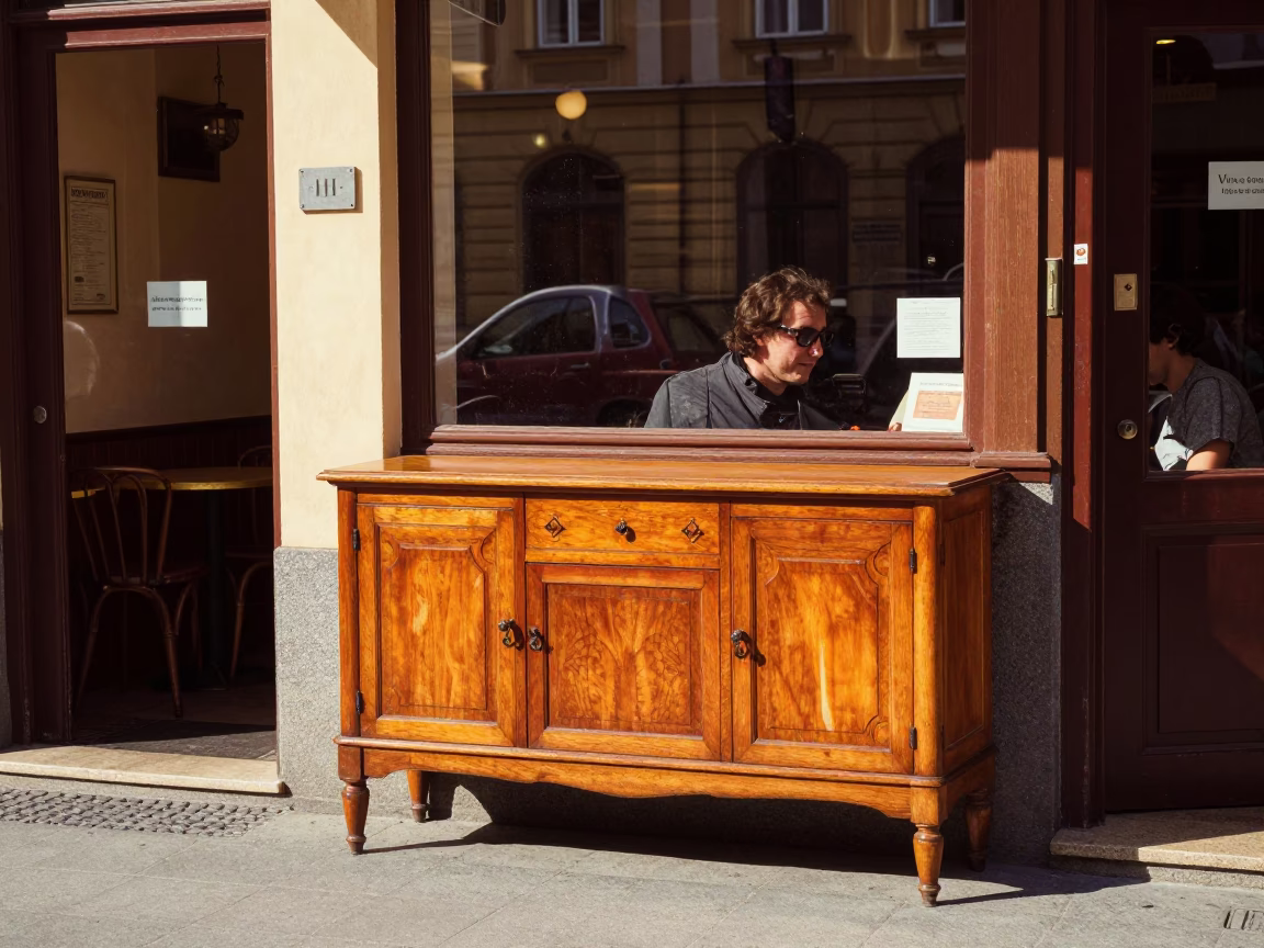 Colorful 1980s Vienna Cafe Street Scene with Traditional Sideboard and Urban Details in in Vienna, Austria