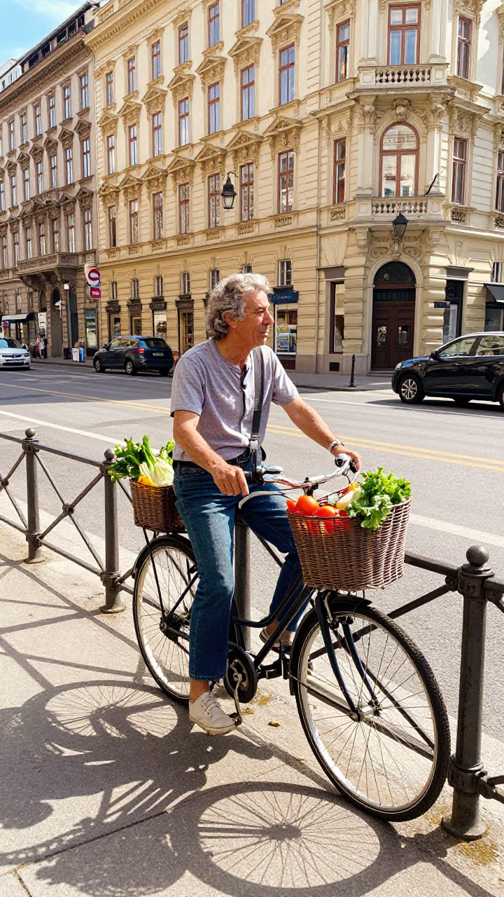 Colorful 1980s Vienna Street Scene with Bicycle Basket and Rustic Kitchenware in in Vienna, Austria