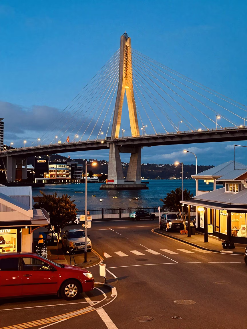 Colorful 1980s Wellington New Zealand Blue Hour Street Scene with Cable-Stayed Bridge in in Wellington, New Zealand