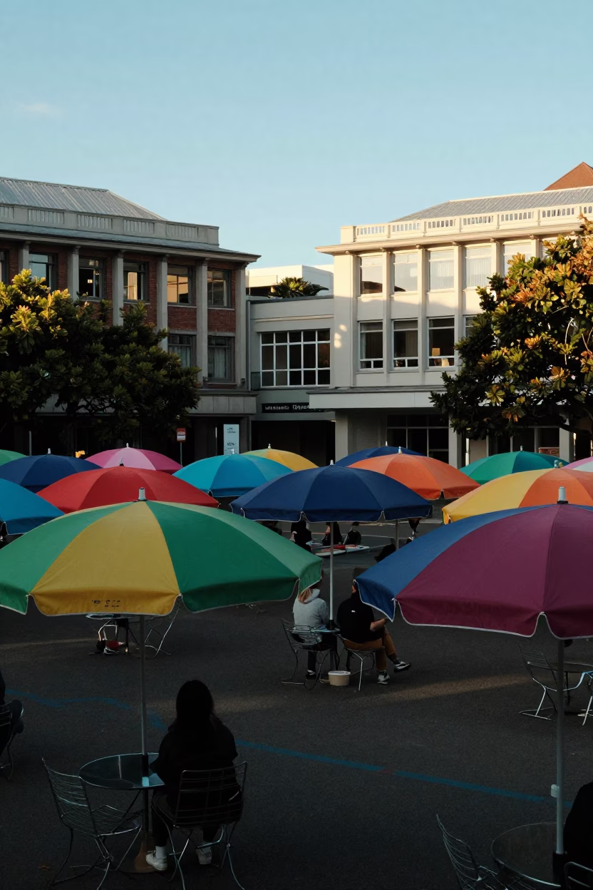 Colorful 1980s Wellington New Zealand University Courtyard Umbrellas Late Afternoon Light in in Wellington, New Zealand