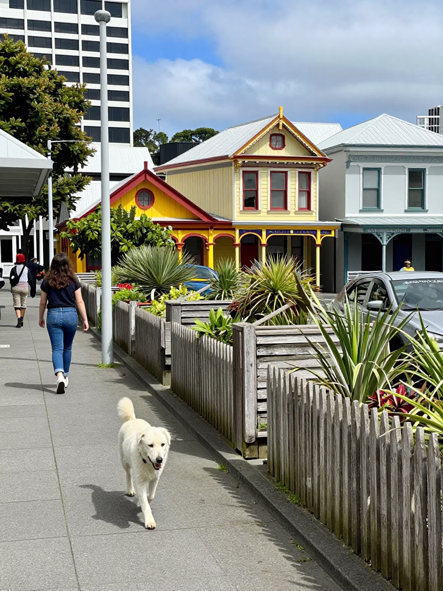 Colorful 1980s Wellington Street Scene with White Dog and Garden Benches in in Wellington, New Zealand