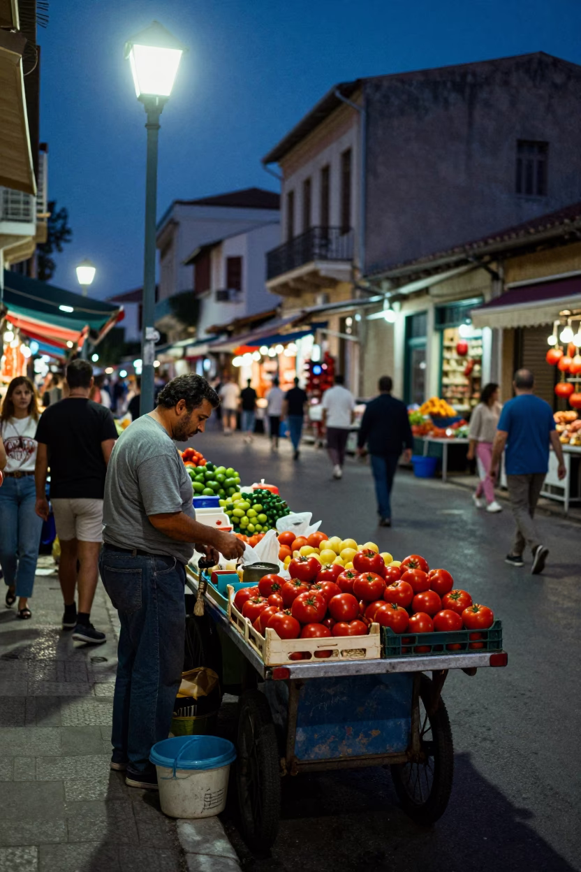 Colorful 1990s Athens Street Scene After Dark with Local Market Goods in in Athens, Greece