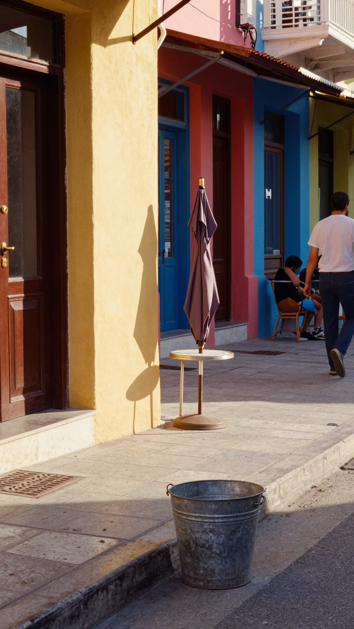 Colorful 1990s Athens Street Scene with Umbrella Stand and Metal Bucket in in Athens, Greece