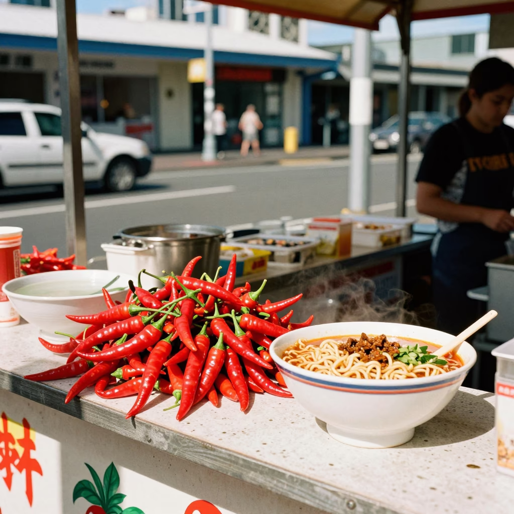 Colorful 1990s Auckland Street Food Stall Scene with Chili Peppers and Ramen in in Auckland, New Zealand