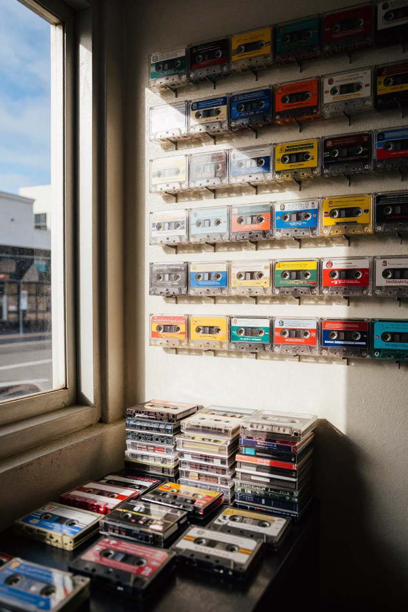 Colorful 1990s Auckland Street Scene with Vintage Cassette Tapes and Local Details in in Auckland, New Zealand