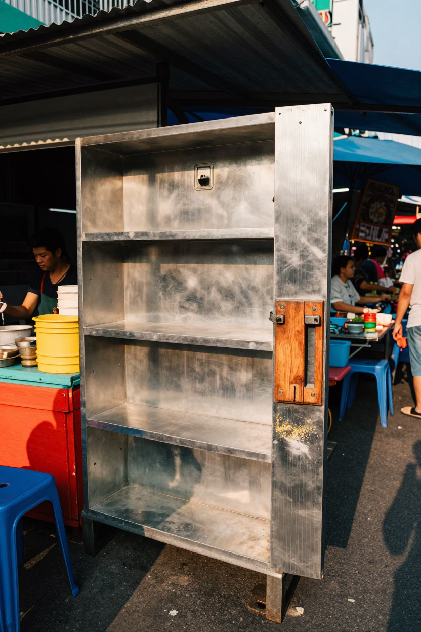 Colorful 1990s Bangkok Street Scene with Brushed Steel Shelf and Pollen on Latch in in Bangkok, Thailand