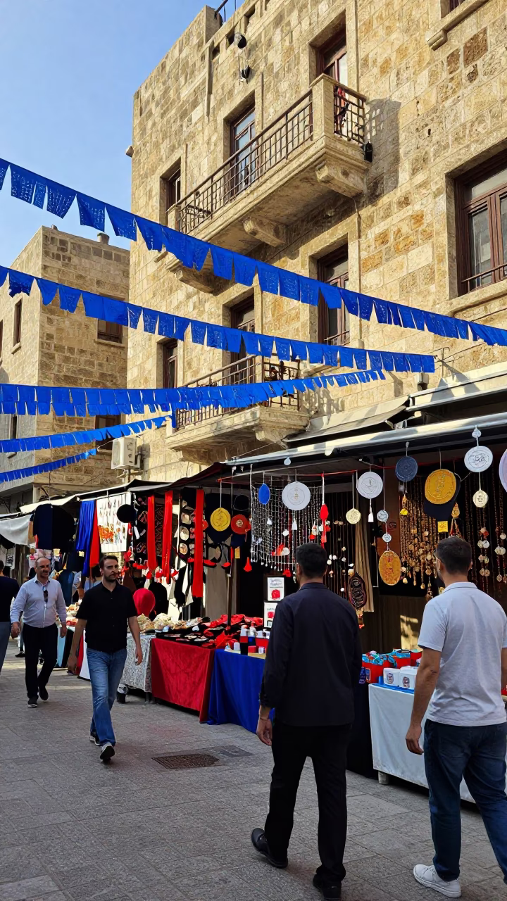 Colorful 1990s Beirut Street Market with Graduation Decorations and Local Commerce in in Beirut, Lebanon