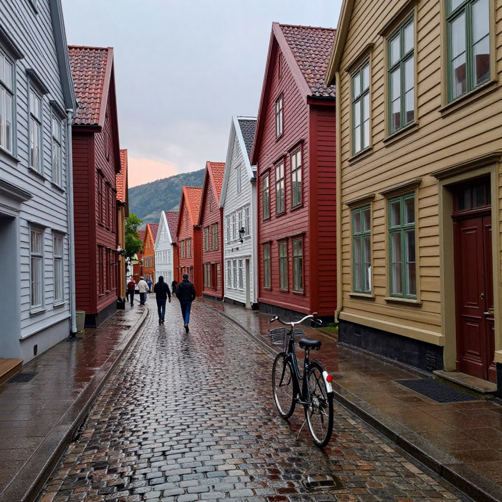Colorful 1990s Bergen Norway Late Afternoon Street Scene with Bicycle and Cafe in in Bergen, Norway