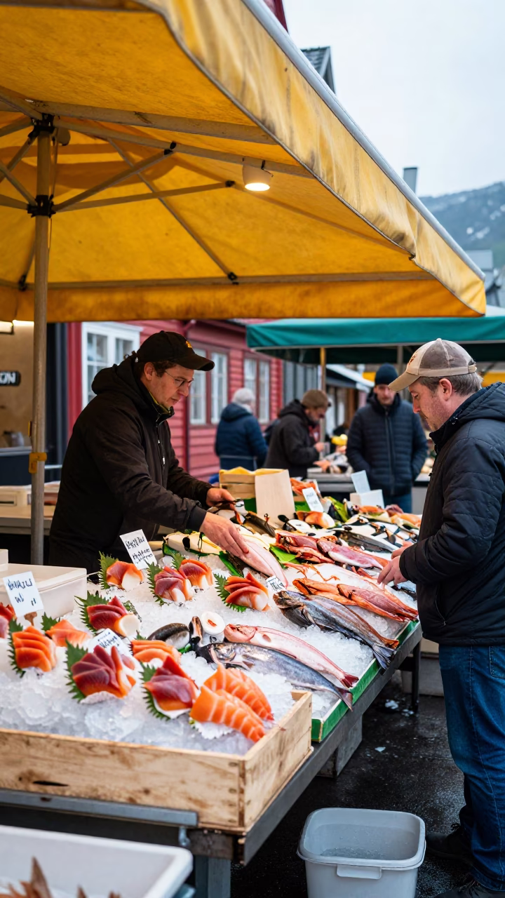 Colorful 1990s Bergen Norway Morning Street Scene with Fresh Seafood Market Display in in Bergen, Norway
