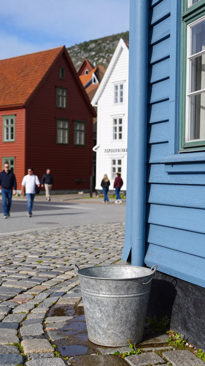 Colorful 1990s Bergen Norway Street Scene with Metal Bucket and Cobblestone Detail in in Bergen, Norway