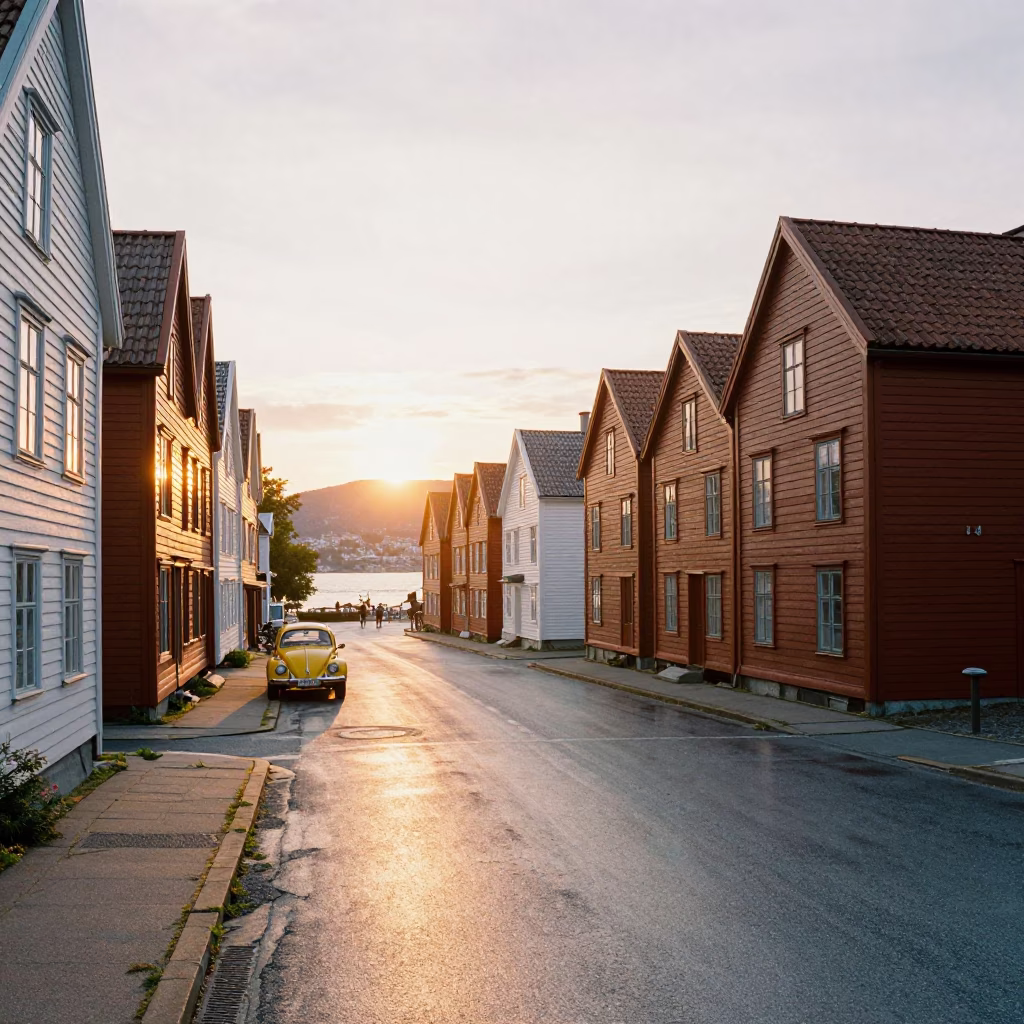 Colorful 1990s Bergen Norway Sunset Street Scene with Historic Bryghan Wharf and Local Life in in Bergen, Norway