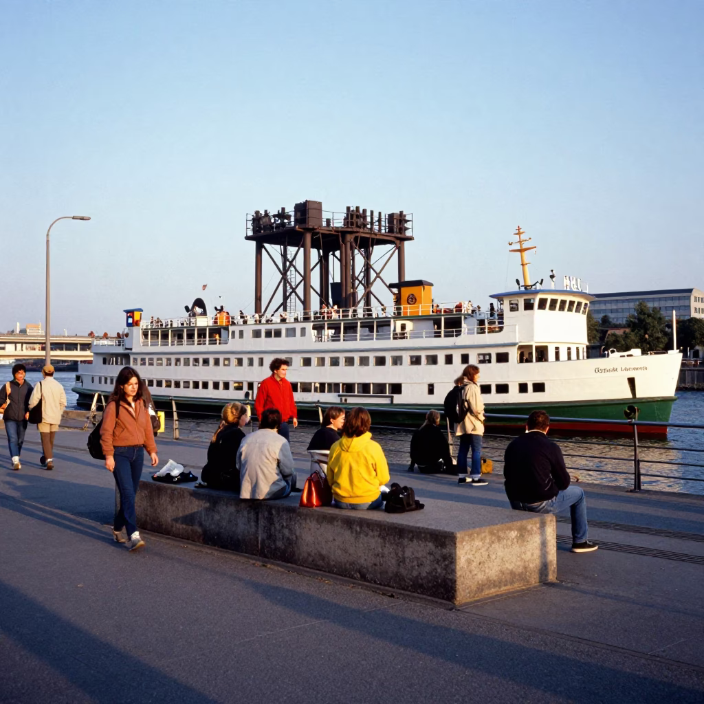 Colorful 1990s Berlin Street Scene with Ferry Piling and Urban Details in in Berlin, Germany