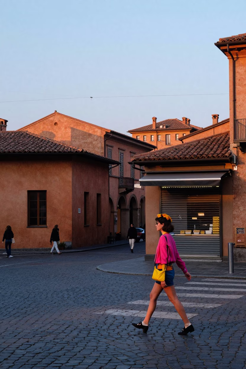Colorful 1990s Bologna Street Scene at Nautical Dawn with Leaf Shadows in in Bologna, Italy
