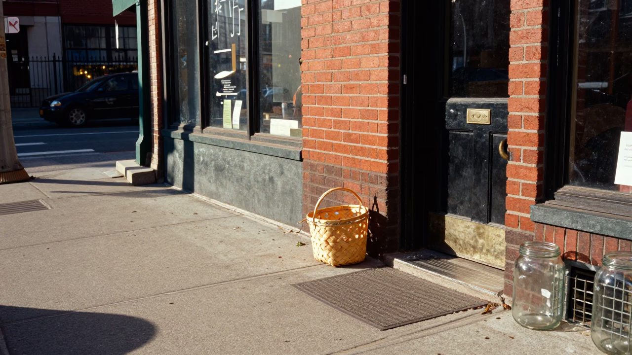 Colorful 1990s Chicago Street Scene with Glass Jar and Basket on Sidewalk in in Chicago, Illinois, United States