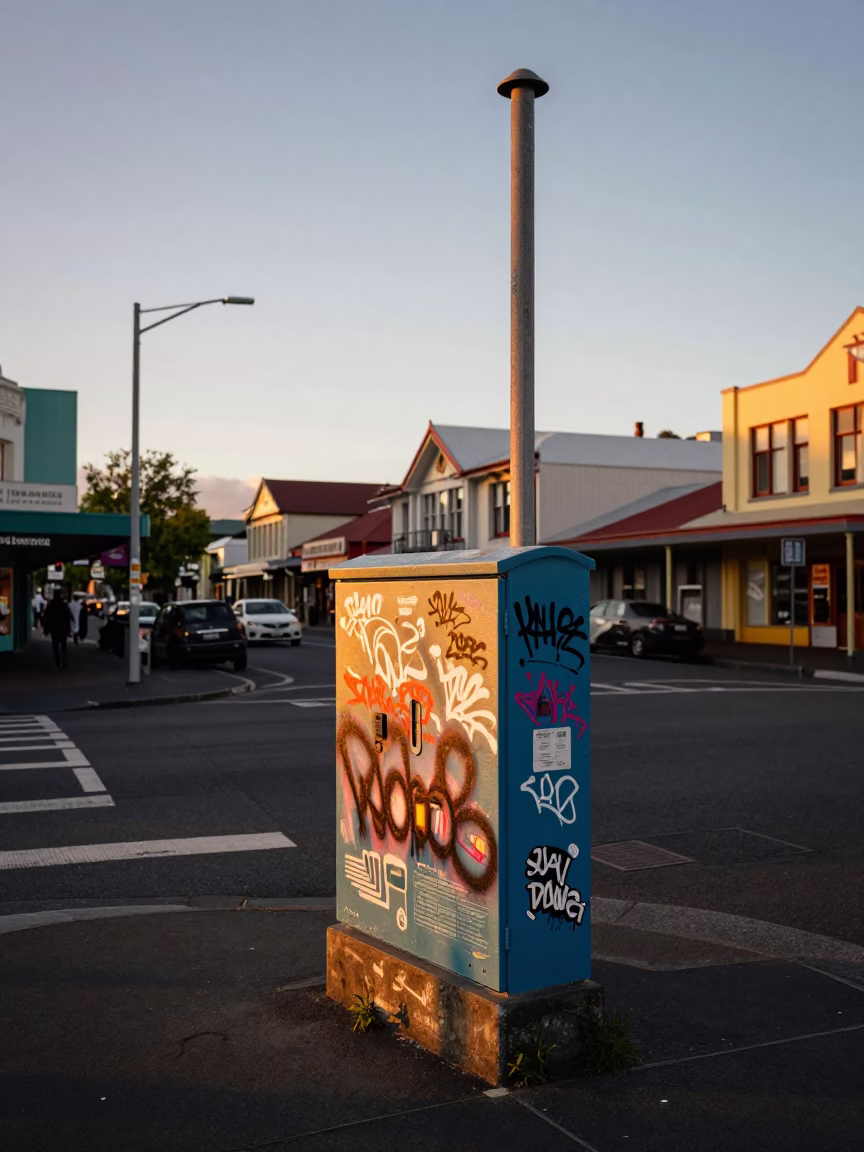 Colorful 1990s Christchurch Street Scene at Sunset with Local Life in in Christchurch, New Zealand