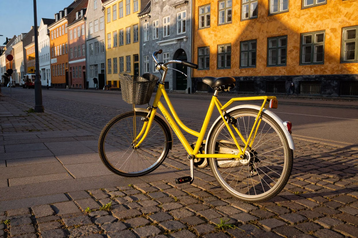 Colorful 1990s Copenhagen Street Scene with Yellow Bicycle and Brick Architecture at Golden Hour in in Copenhagen, Denmark