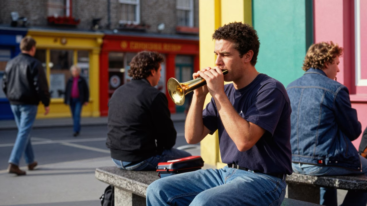 Colorful 1990s Dublin Street Scene with Harmonica Player and Toolbox on Cobblestone in in Dublin, Ireland